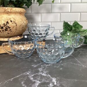 4 Vtg Anchor Hocking Blue Bubble Glass Teacups Or Punch Glasses Depression Glass